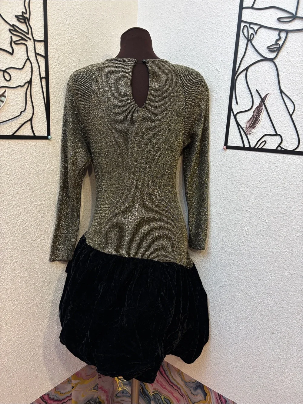 Vintage 1980’s Craig Adams Gold Knit Black Velvet Bubble Dress. Size 13/14